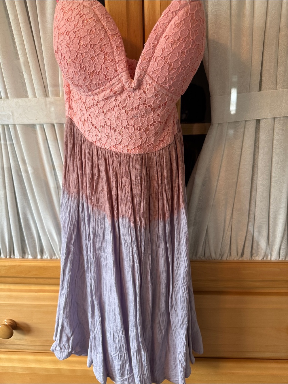 Strapless Ombre Pink to Lavender Lace Bodice Dress